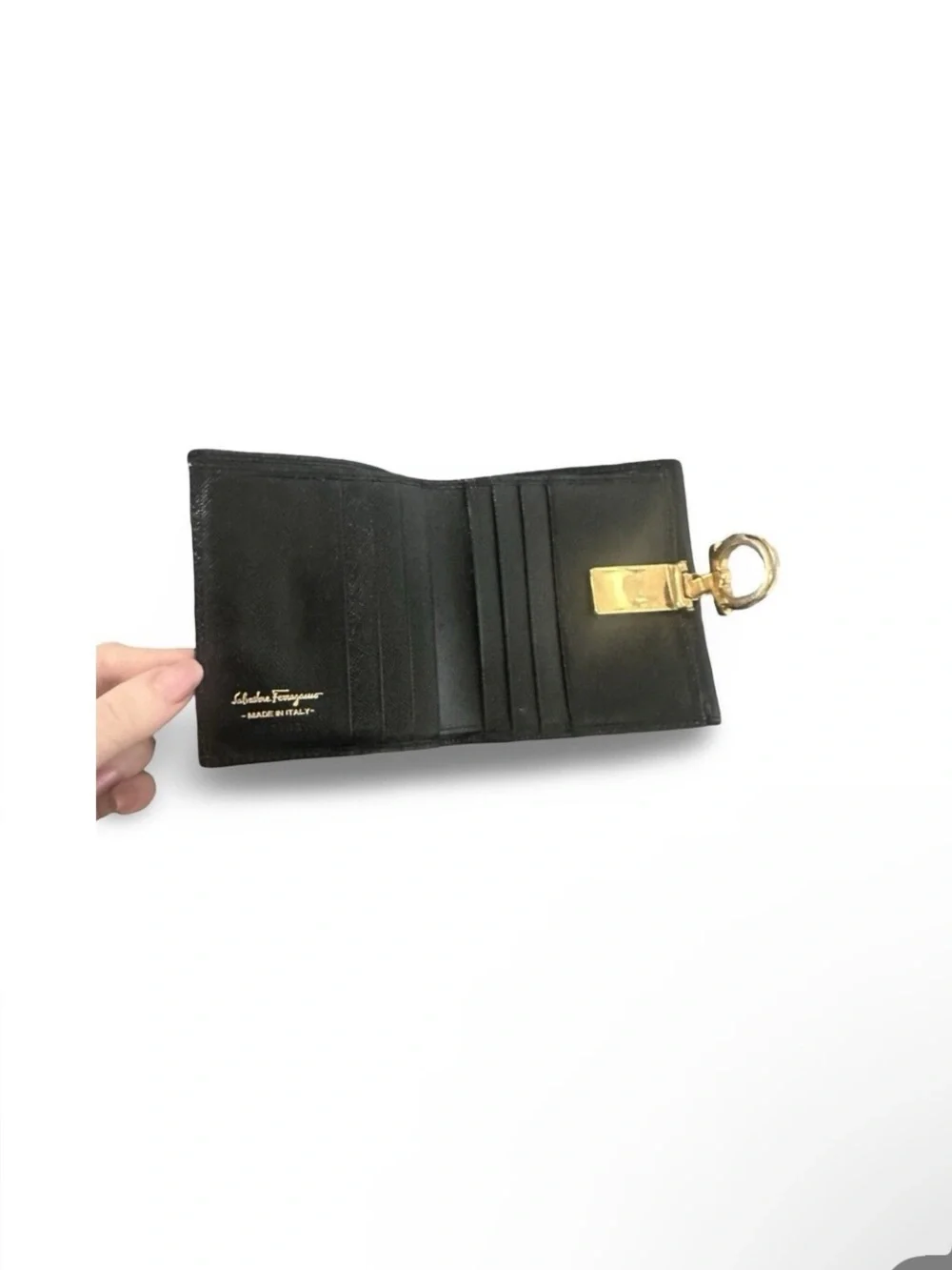 Salvatore Ferragamo Leather Card Holder with Gold Ring Accent